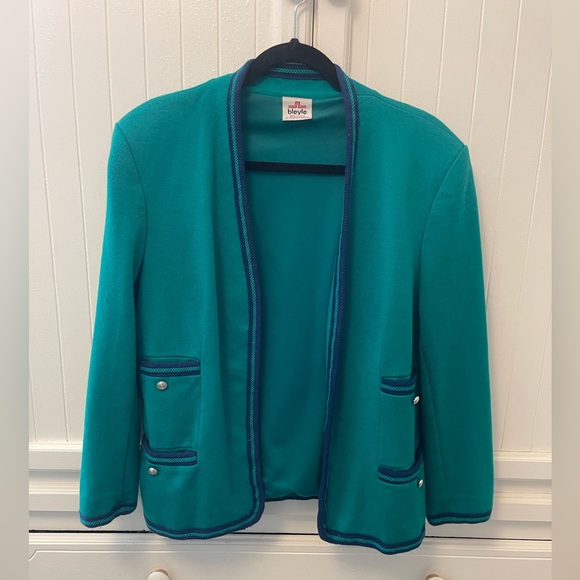 Bleyle Women’s Teal Green with Blue trim Blazer &Pants Vintage Wool Sz 14 Petite - Picture 2 of 16